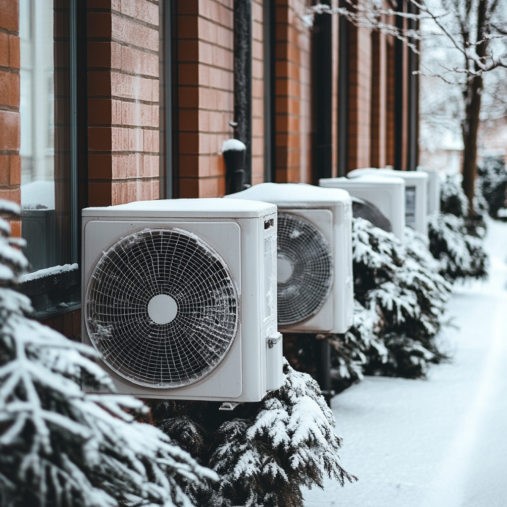 Prepare Your HVAC this Fall: Top Furnace Maintenance Steps Outdoor AC units covered in snow, positioned along a brick wall, emphasizing winterization and protection for HVAC systems.