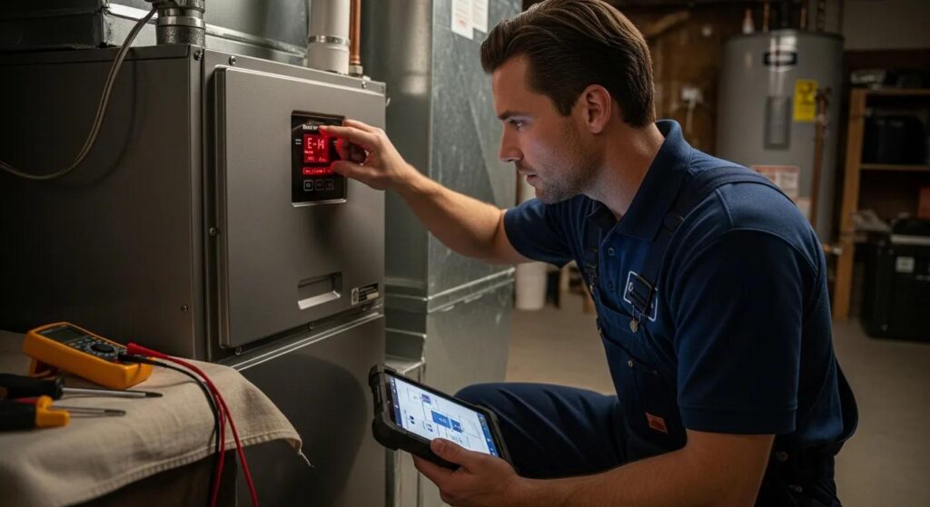Troubleshoot Common Furnace Problems - Expert Repair Tips Technician checking a furnace control panel and noting error codes — correct diagnosis speeds repair