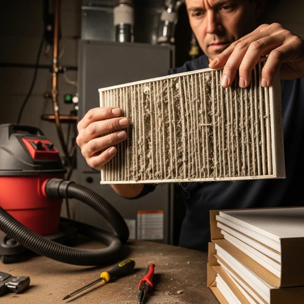 Troubleshoot Common Furnace Problems - Expert Repair Tips Someone holding a dirty furnace air filter — regular filter checks keep airflow and heating working well