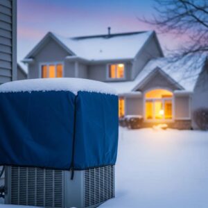 Air conditioning unit winterized with a cover in a snowy suburban setting