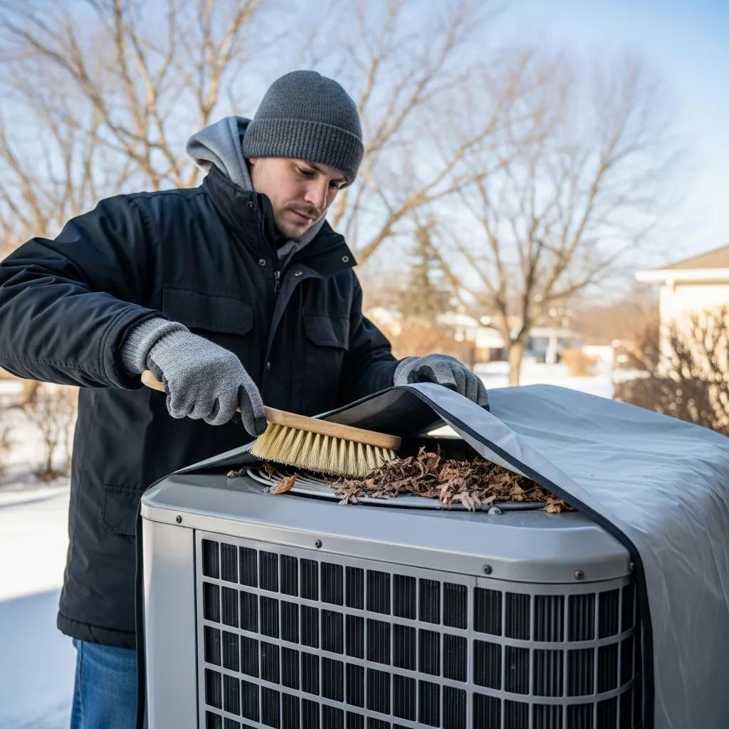How to Winterize Your AC Unit for Cold Weather Homeowner cleaning debris from around an outdoor AC unit before covering it for winter