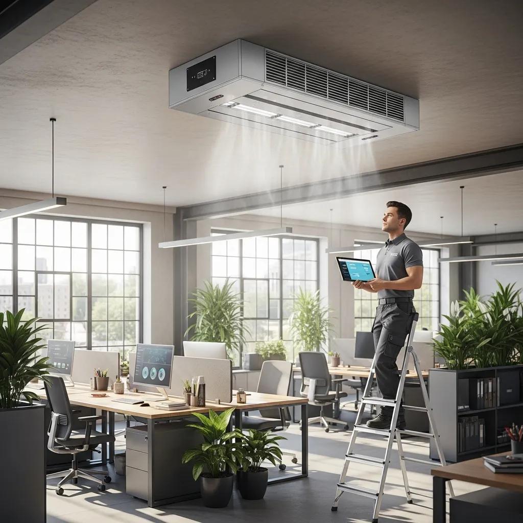 The One Call Heating & Cooling Blog Technician inspecting modern commercial heating system in office, highlighting maintenance and installation services for optimal workplace comfort.