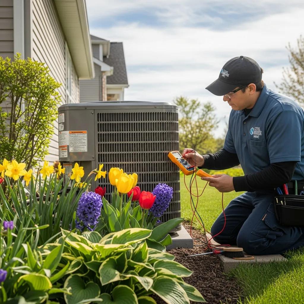 Technician performing a spring AC tune-up on a residential air conditioning unit surrounded by spring flowers