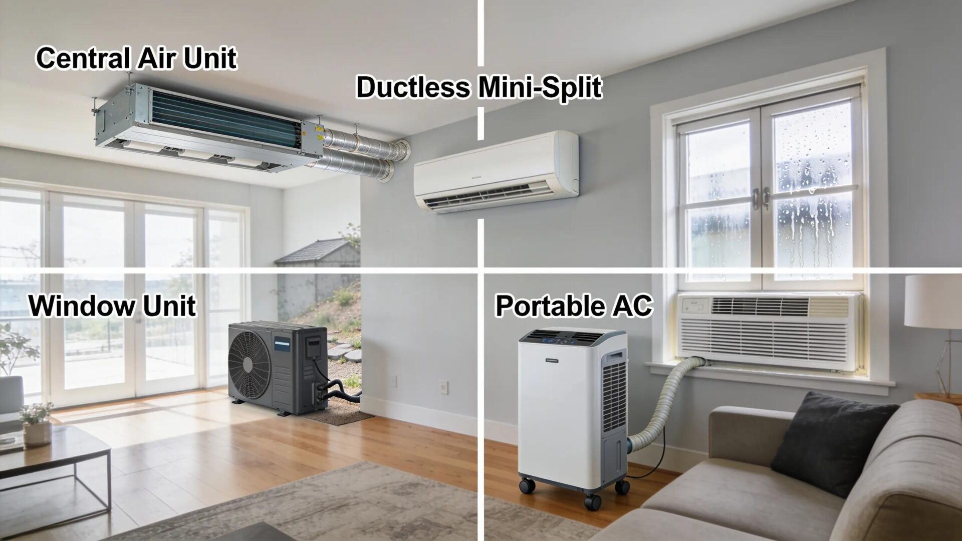 Find the Best AC System: Your Essential Sizing Guide Illustration of different air conditioning systems, such as central, ductless, window, and portable units