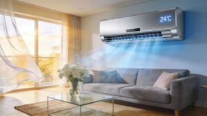 Modern home with air conditioning unit emphasizing comfort and energy efficiency