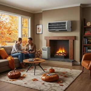 Cozy home interior with a modern HVAC system, showcasing fall preparation and comfort