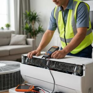 HVAC technician performing a professional tune-up on an air conditioning unit