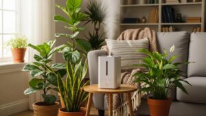 Modern humidifier in a cozy living room, highlighting humidity control solutions for home comfort
